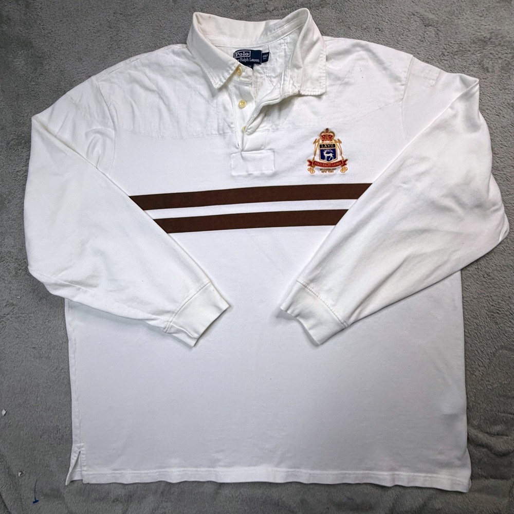 Polo Ralph Lauren Mens 4XLT White Brown Stripe LXVII Crest Rugby Shirt Tall